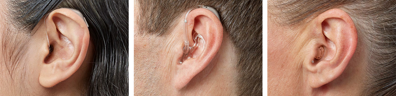Different hearing aid models demonstrated on ears